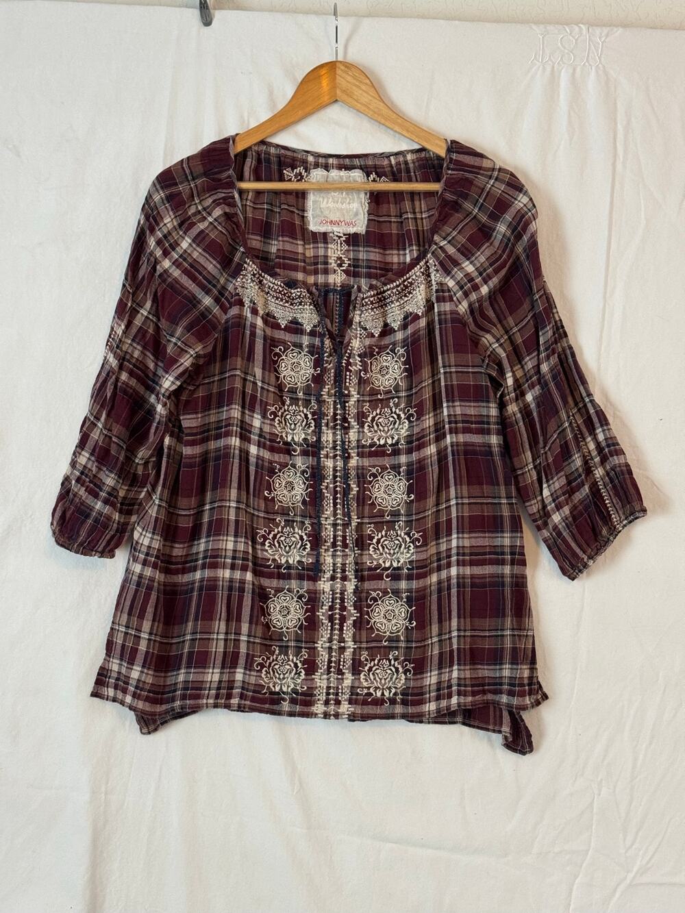 Johnny Was 3J Workshop Popover Burgundy Plaid Embroidered Boho Top Size M